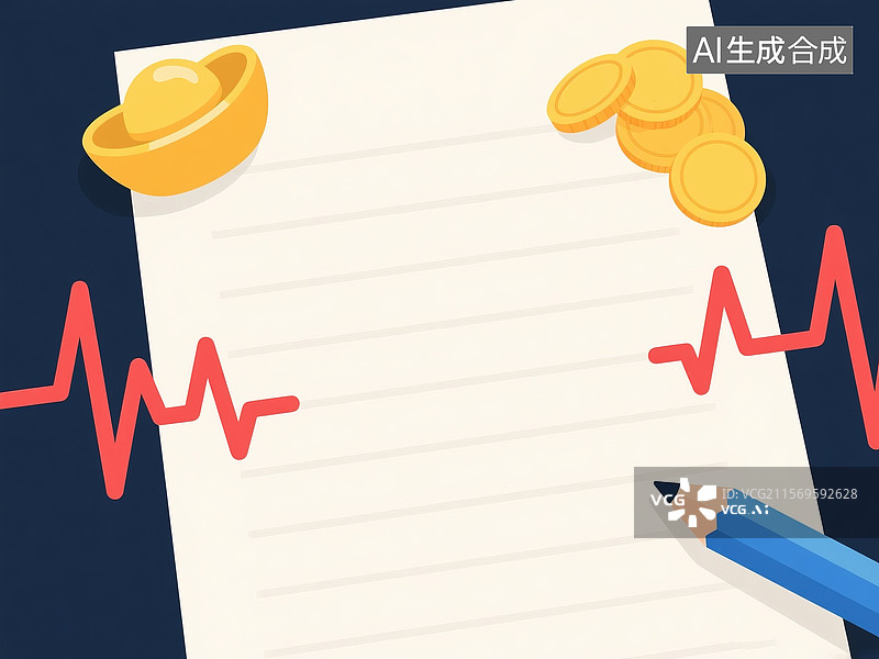 【AI数字艺术】扁平化的横线纸张与元宝、金币和铅笔元素图片素材