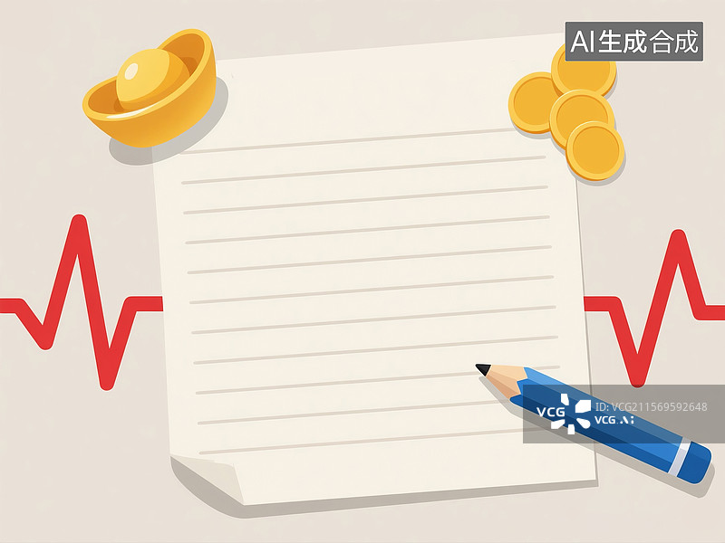 【AI数字艺术】扁平化的横线纸张与元宝、金币和铅笔元素图片素材