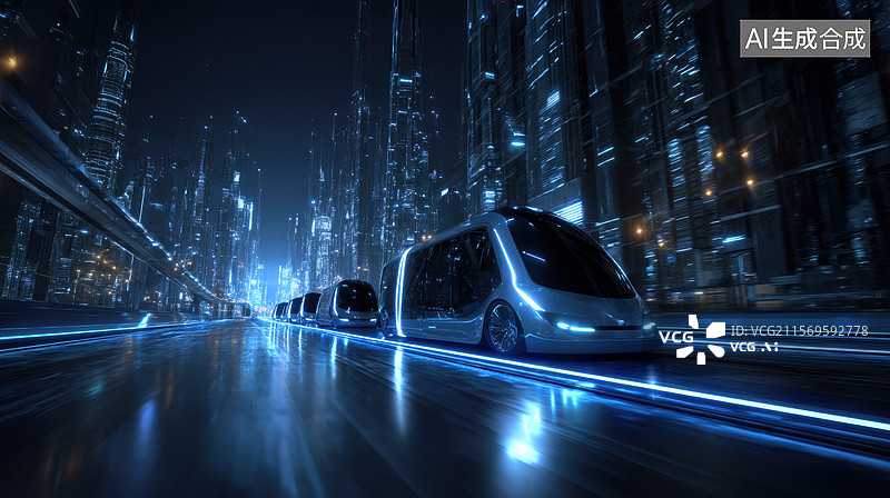 【AI数字艺术】未来城市中的自动驾驶巴士图片素材