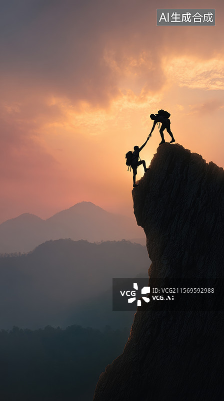 【AI数字艺术】登山者在日落时分互相帮助攀登悬崖图片素材