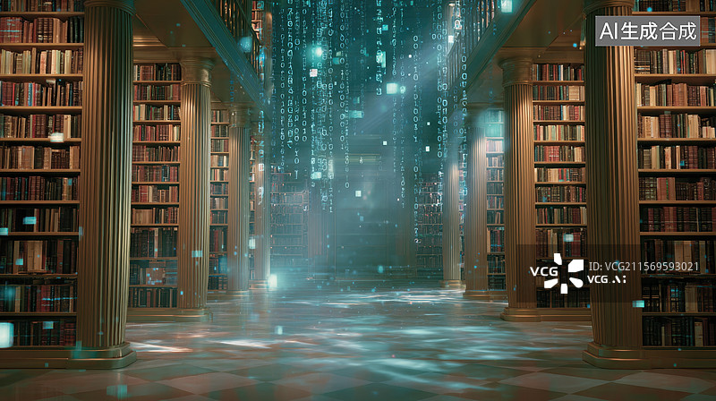【AI数字艺术】未来图书馆中的数据流图片素材