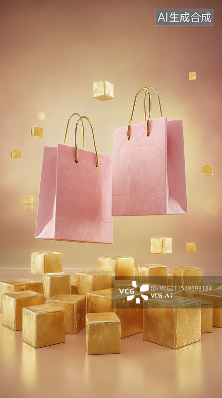 【AI数字艺术】悬浮的购物袋和金色立方体图片素材