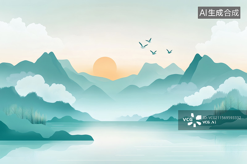 【AI数字艺术】中国画，国潮风，太阳从山谷后升起图片素材