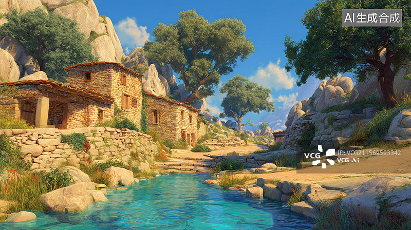 【AI数字艺术】山间溪流旁的古朴村庄图片素材