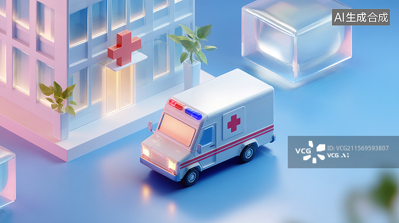 【AI数字艺术】微型救护车在医院前图片素材