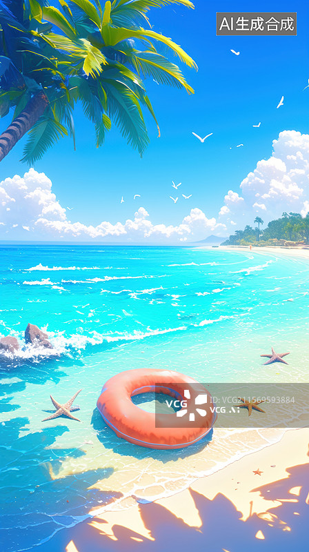 【AI数字艺术】海滩上的救生圈和海星图片素材