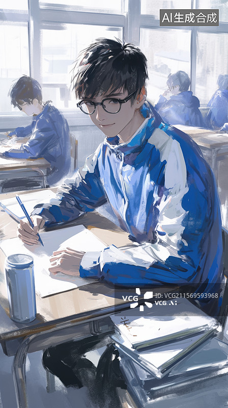 【AI数字艺术】学生在教室里做作业图片素材
