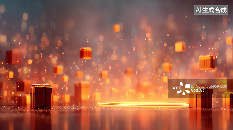 【AI数字艺术】橙色礼盒围绕节庆促销展台图图片素材