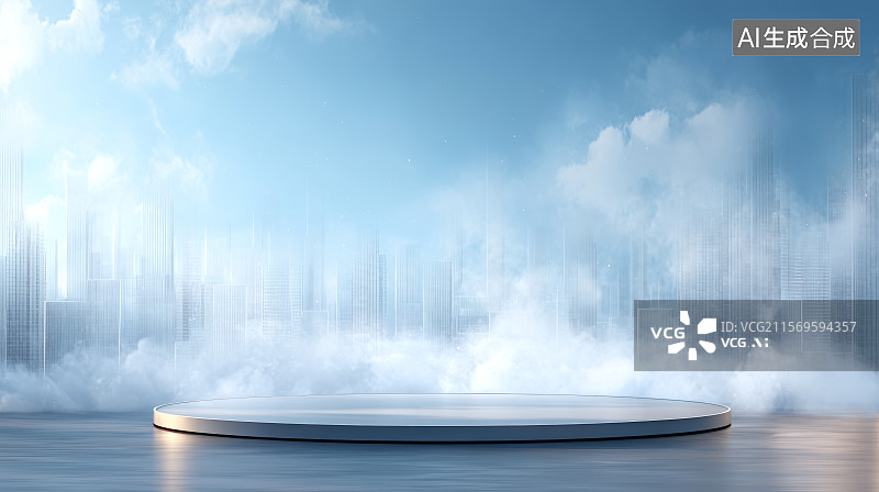 【AI数字艺术】晨雾城市中的科技简约展示平台图图片素材