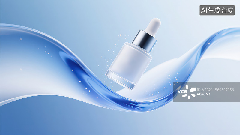 【AI数字艺术】一个护肤品精华液悬浮在空中，电商化妆品护肤品产品展示背景图片素材