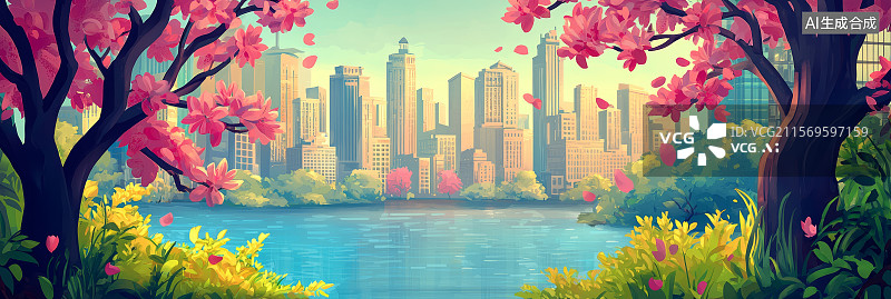 【AI数字艺术】城市景观暖色调春日河畔场景图片素材