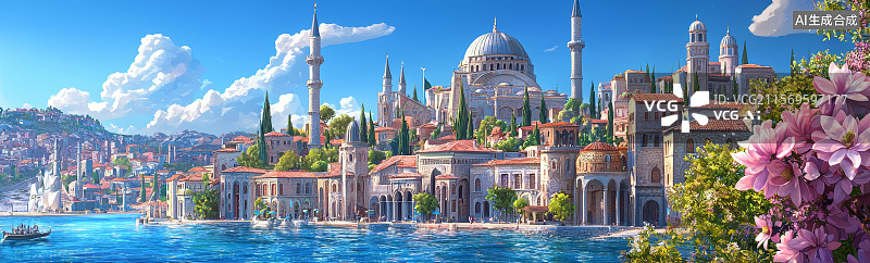 【AI数字艺术】城市景观暖色调春日河畔场景图片素材