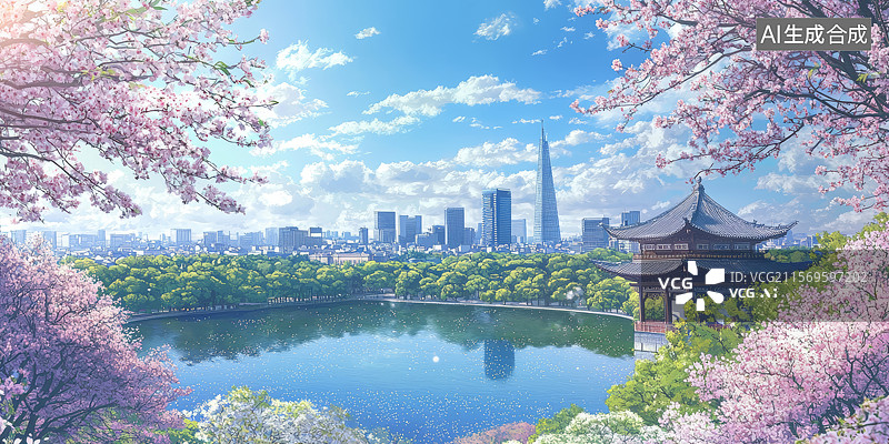 【AI数字艺术】城市景观暖色调春日河畔场景图片素材
