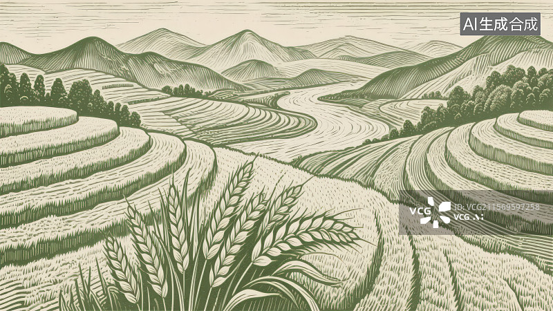 【AI数字艺术】雕刻风格绿色手绘线描线条绘制细腻的山水小麦梯田风景背景图片素材