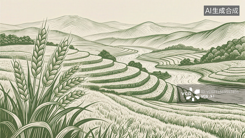 【AI数字艺术】雕刻风格绿色手绘线描线条绘制细腻的山水小麦梯田风景背景图片素材