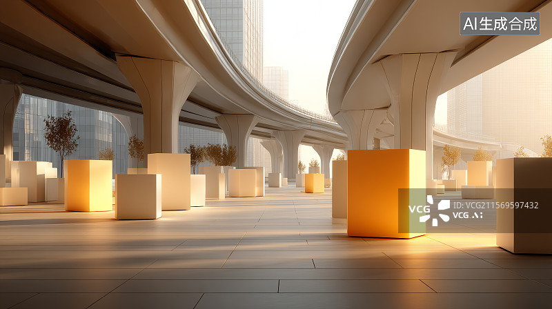 【AI数字艺术】高架城市大道中的多维展示空间图图片素材