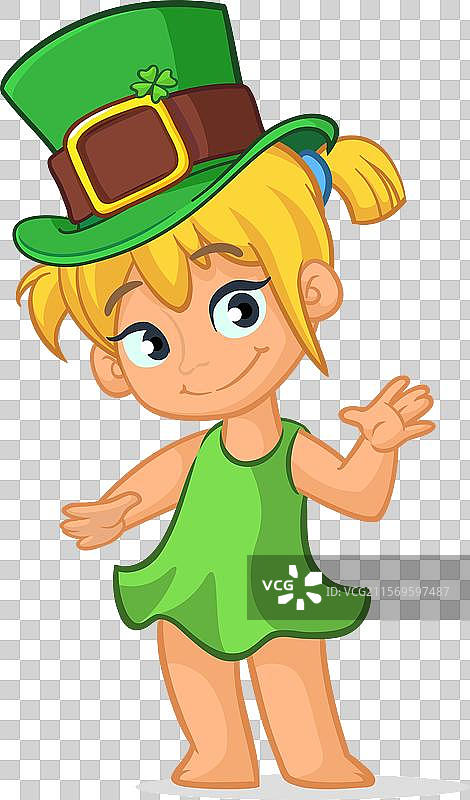 可爱的卡通女孩戴着圣帕特里克节的绿色帽子图片素材