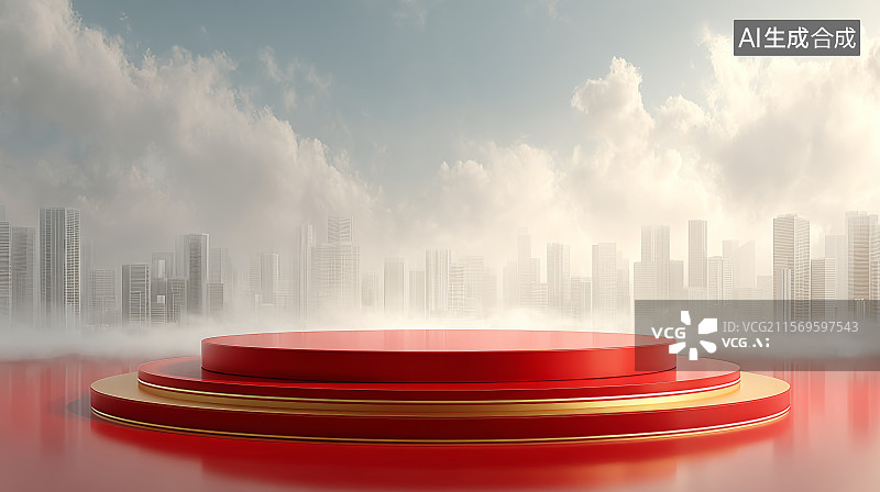 【AI数字艺术】红色主题促销平台城市背景图图片素材