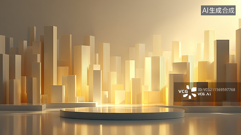 【AI数字艺术】城市金色剪影下的产品展示舞台图图片素材