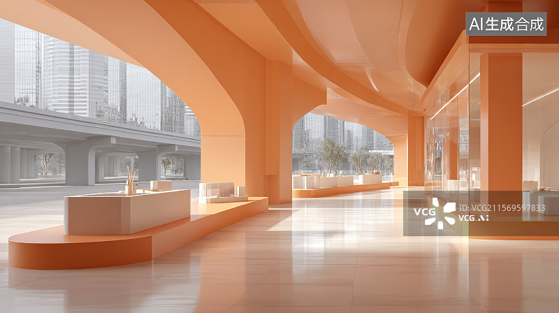 【AI数字艺术】拱形空间中布局流畅的促销展台图图片素材