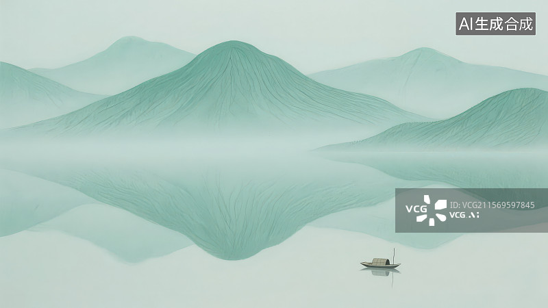【AI数字艺术】高山和江水形成的倒影中一叶孤舟，手绘新中式中国风意境水墨山水风景画图片素材