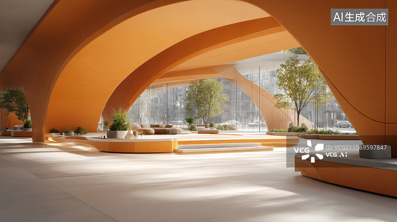 【AI数字艺术】拱形空间中布局流畅的促销展台图图片素材