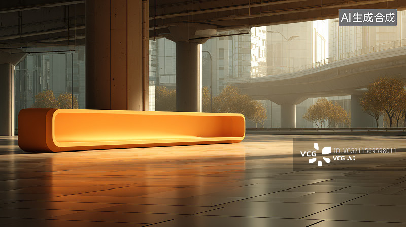【AI数字艺术】高架光影下的极简橙色展示台图图片素材