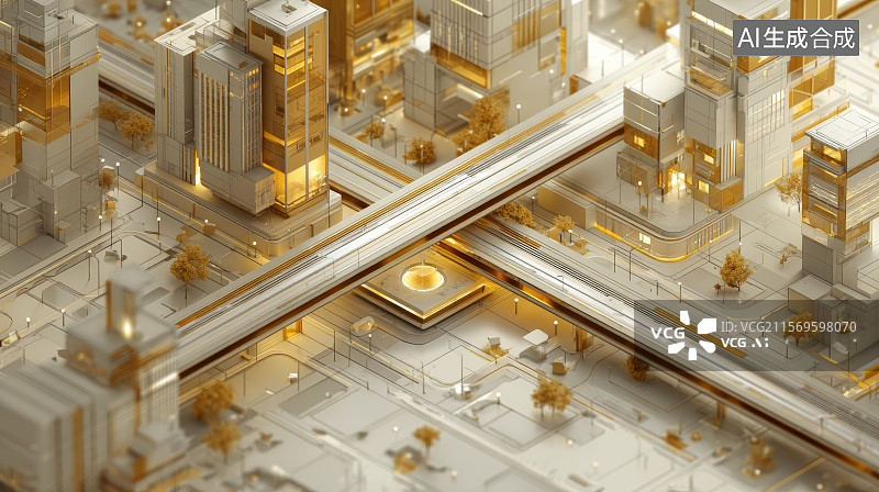 【AI数字艺术】黄金结构城市模型中的立体促销空间图图片素材