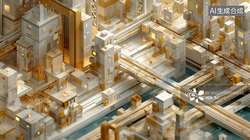 【AI数字艺术】黄金结构城市模型中的立体促销空间图图片素材