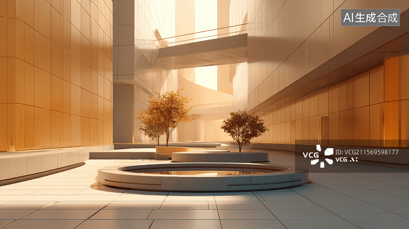 【AI数字艺术】都市夹道中点亮橙光的简约展示台图图片素材