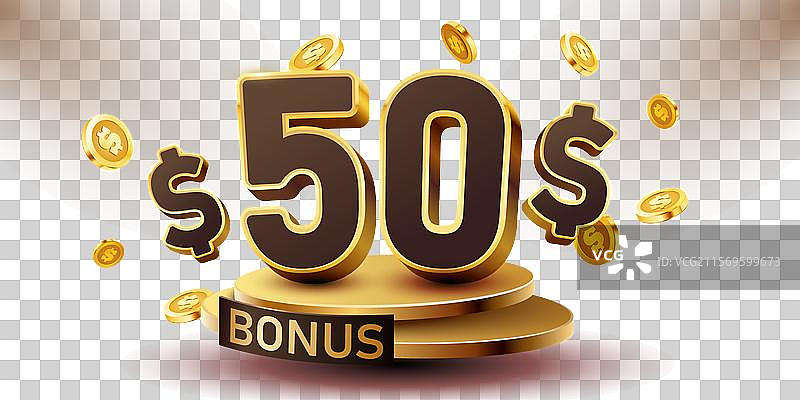 50美元奖金与领奖台和掉落的金色物品图片素材