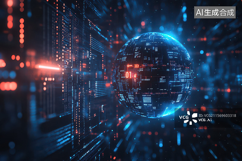 【AI数字艺术】暗调背景的蓝红科技网络球体艺术图像图片素材