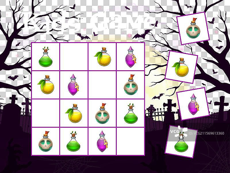 万圣节儿童数独游戏与魔法药水瓶图片素材