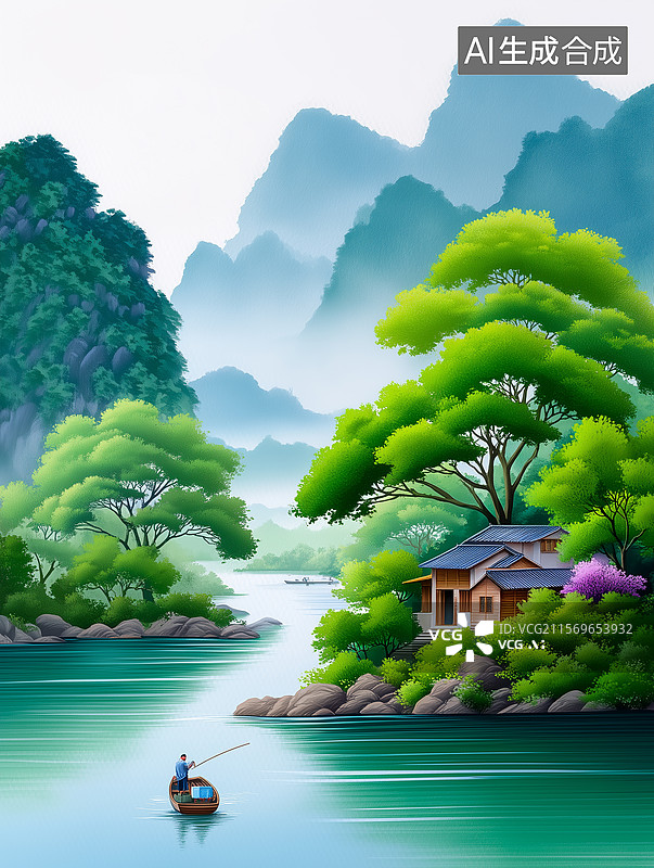【AI数字艺术】中国风山水画插画图片素材