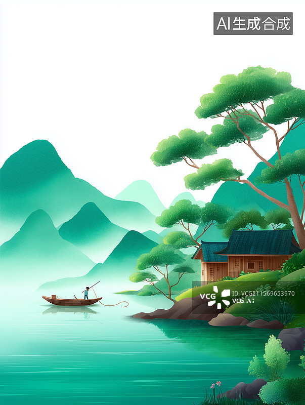 【AI数字艺术】中国风山水画插画图片素材