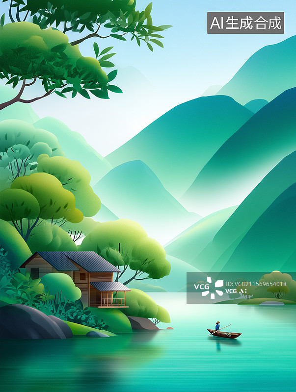 【AI数字艺术】中国风山水画插画图片素材