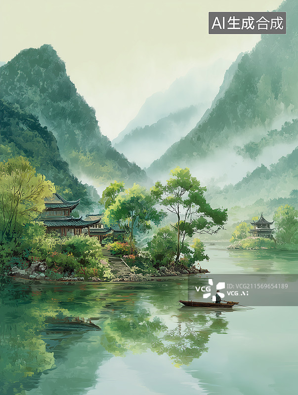 【AI数字艺术】中国风山水画插画图片素材
