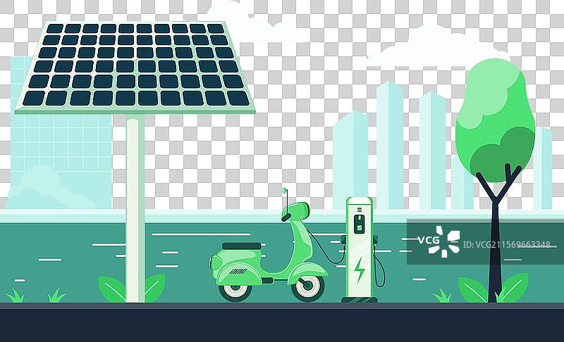 电动滑板车充电与水滨景观图片素材