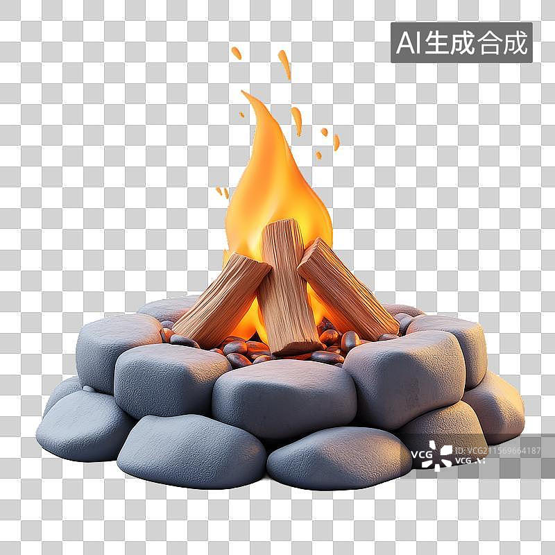 【AI数字艺术】篝火堆在石头围成的火坑中燃烧图片素材