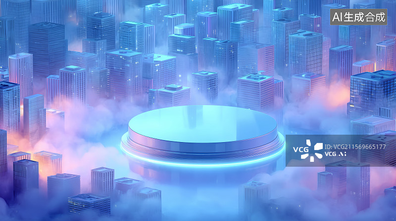 【AI数字艺术】云雾城市中产品展台的发布空间图图片素材