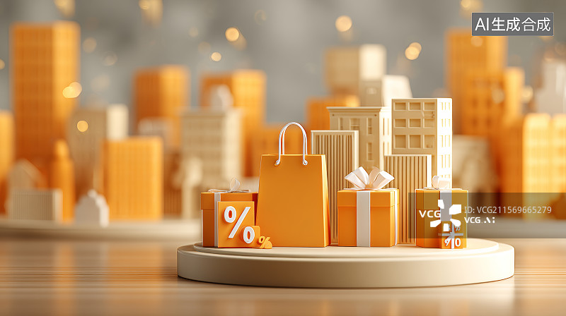 【AI数字艺术】城市背景前的橙色购物促销平台图图片素材