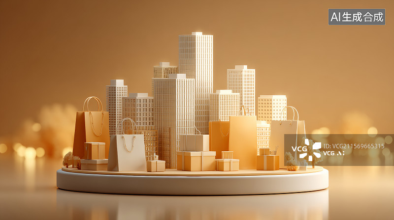 【AI数字艺术】城市背景前的橙色购物促销平台图图片素材