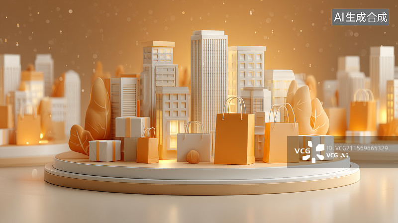 【AI数字艺术】城市背景前的橙色购物促销平台图图片素材