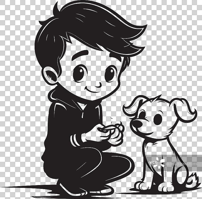 男孩喂小狗的玩耍伙伴关系徽章图片素材