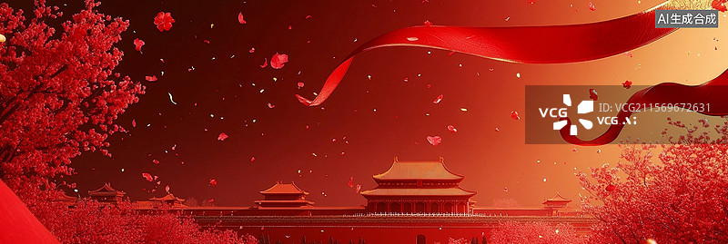 【AI数字艺术】红墙宫殿与飞舞的花瓣图片素材