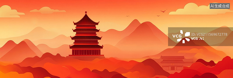 【AI数字艺术】中国山水画-亭阁与群山图片素材