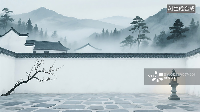 【AI数字艺术】古典中式水墨禅意庭院场景园林图片素材