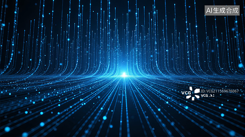 【AI数字艺术】蓝色光束汇聚的科技背景图片素材