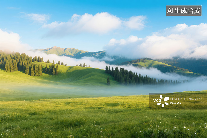 【AI数字艺术】云雾缭绕的山谷草地图片素材