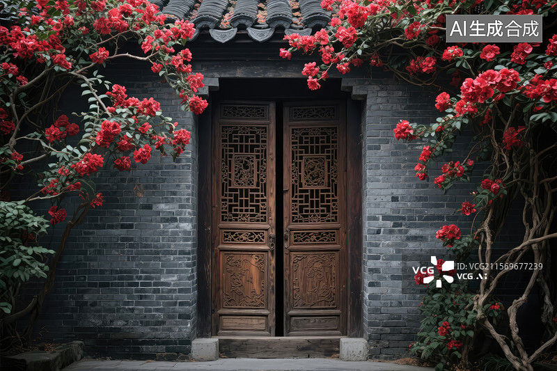 【AI数字艺术】中式庭院木门图片素材